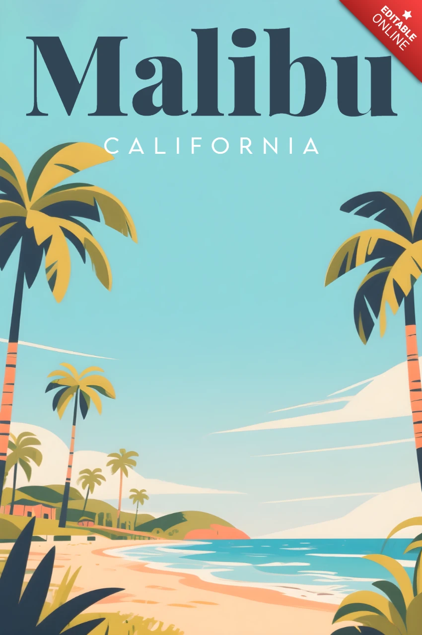 Malibú, California, playa diseño retro plano para plantilla de carteles