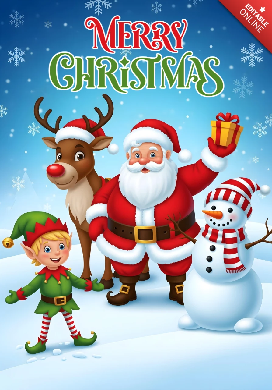 Weihnachtsposter mit Weihnachtsmann, Schneemann, Rentier und Elf in einer verschneiten Landschaft mit buntem Gruß