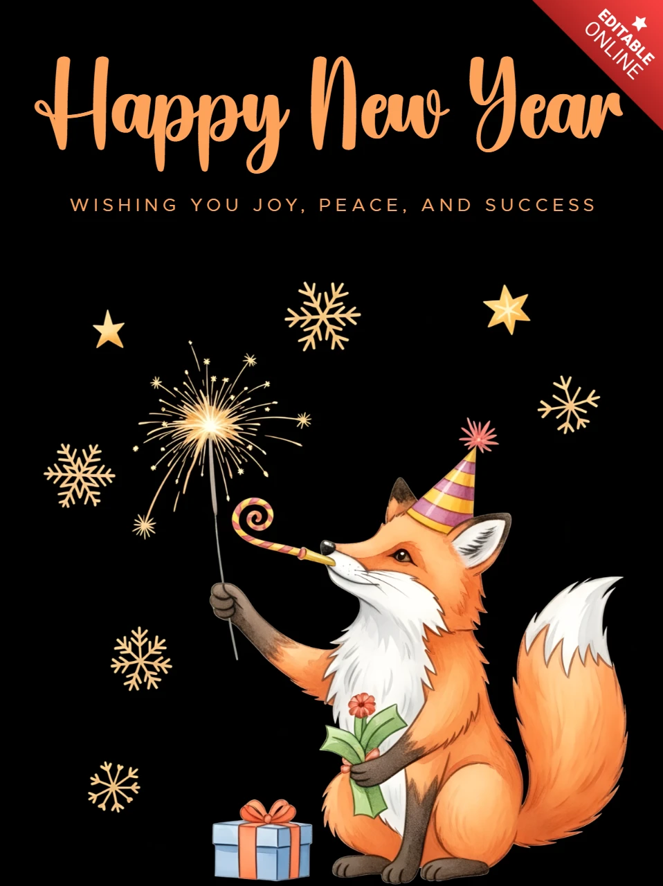 Festliche Fuchs-Neujahrsgrußkartenvorlage mit Wunderkerzen-Design