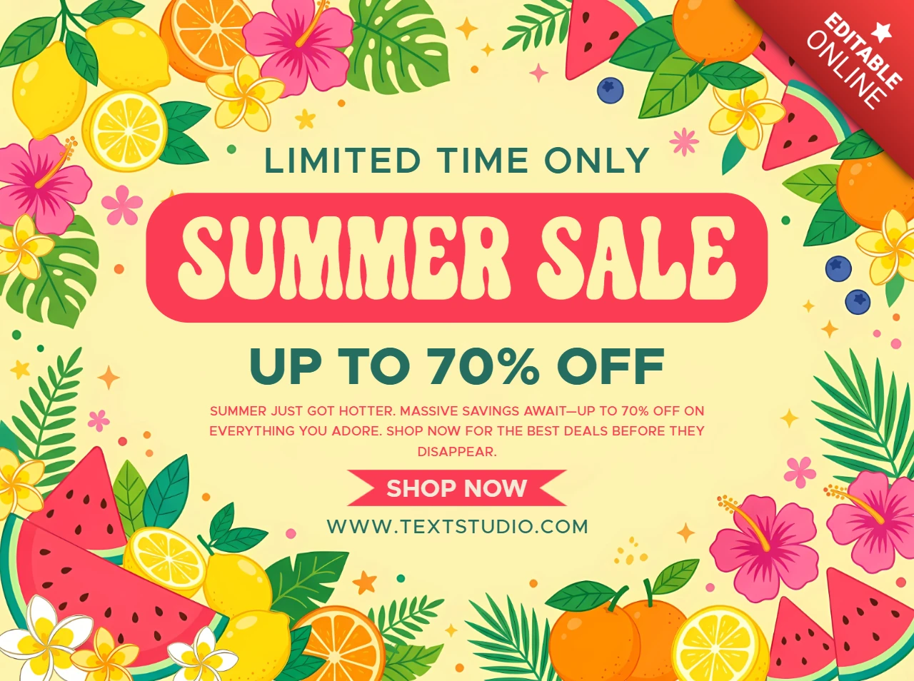 Summer Sale Discount Banner with Citrus Fruits, Watermelon and Tropical Flowers