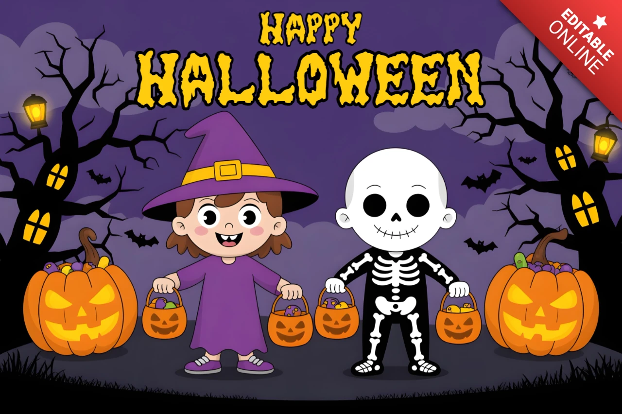 Halloween Night Poster Witch Hat & Skeleton Suit Characters with Lantern-Lit Forest Design Template for Festive Flyers