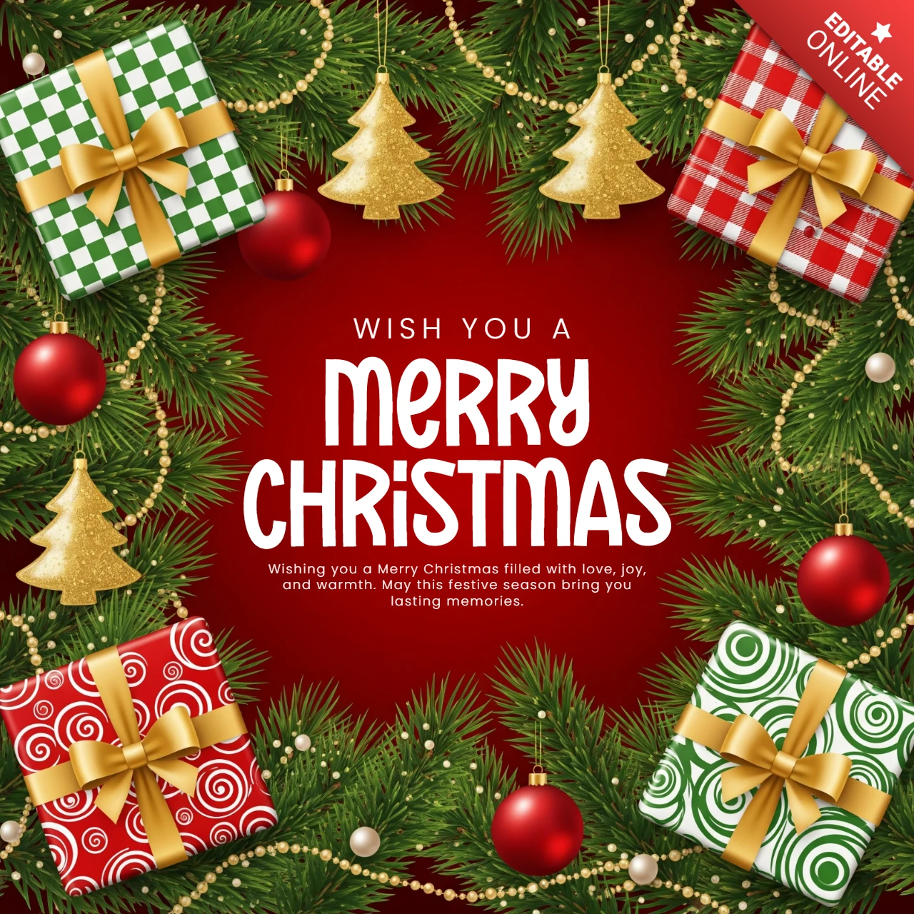 Holiday Season Card Red Background with Garland and Gifts Framing Joyful Christmas Wishes and Lasting Memories Design Template