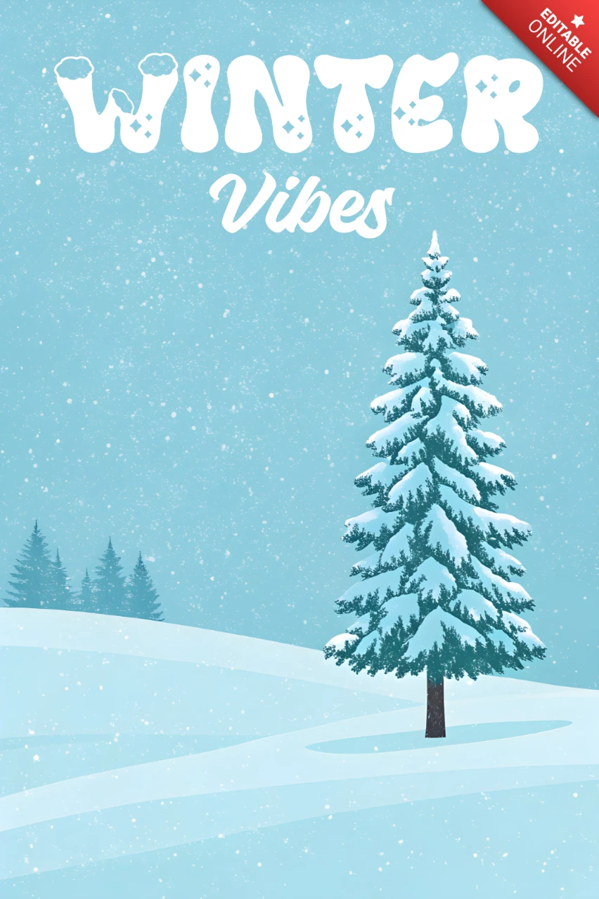 Winter-Vibes-Designvorlage mit schneebedecktem Baum für saisonale Grußkarten