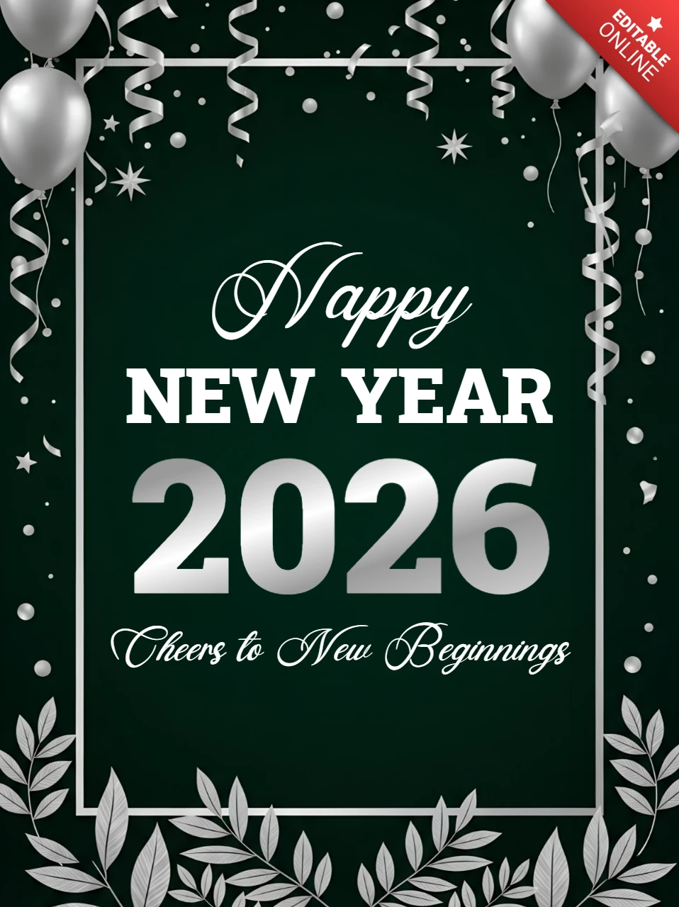 Elegant New Year 2026 Greeting Card Template with Balloons Design
