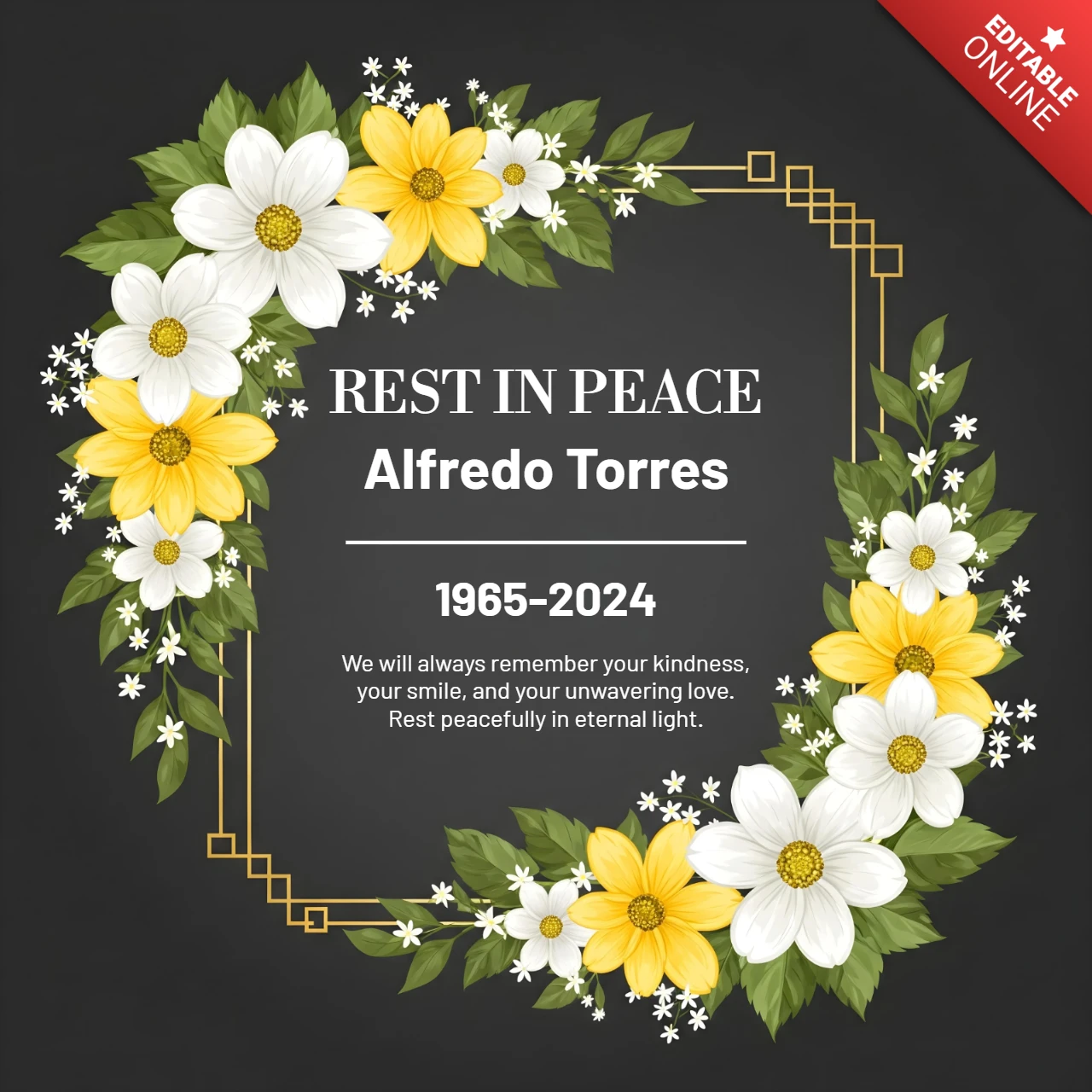 Memorial Poster White & Yellow Floral Frame with Gold Corners, Rest in Peace Tribute Design Template