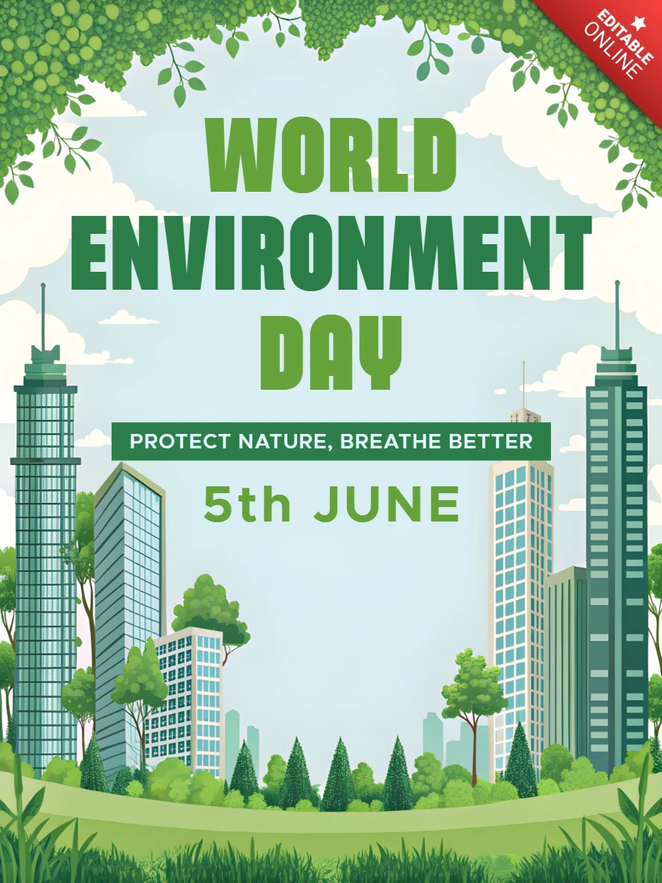 Eco-Friendly World Environment Day Design Template - Vibrant Green Cityscape