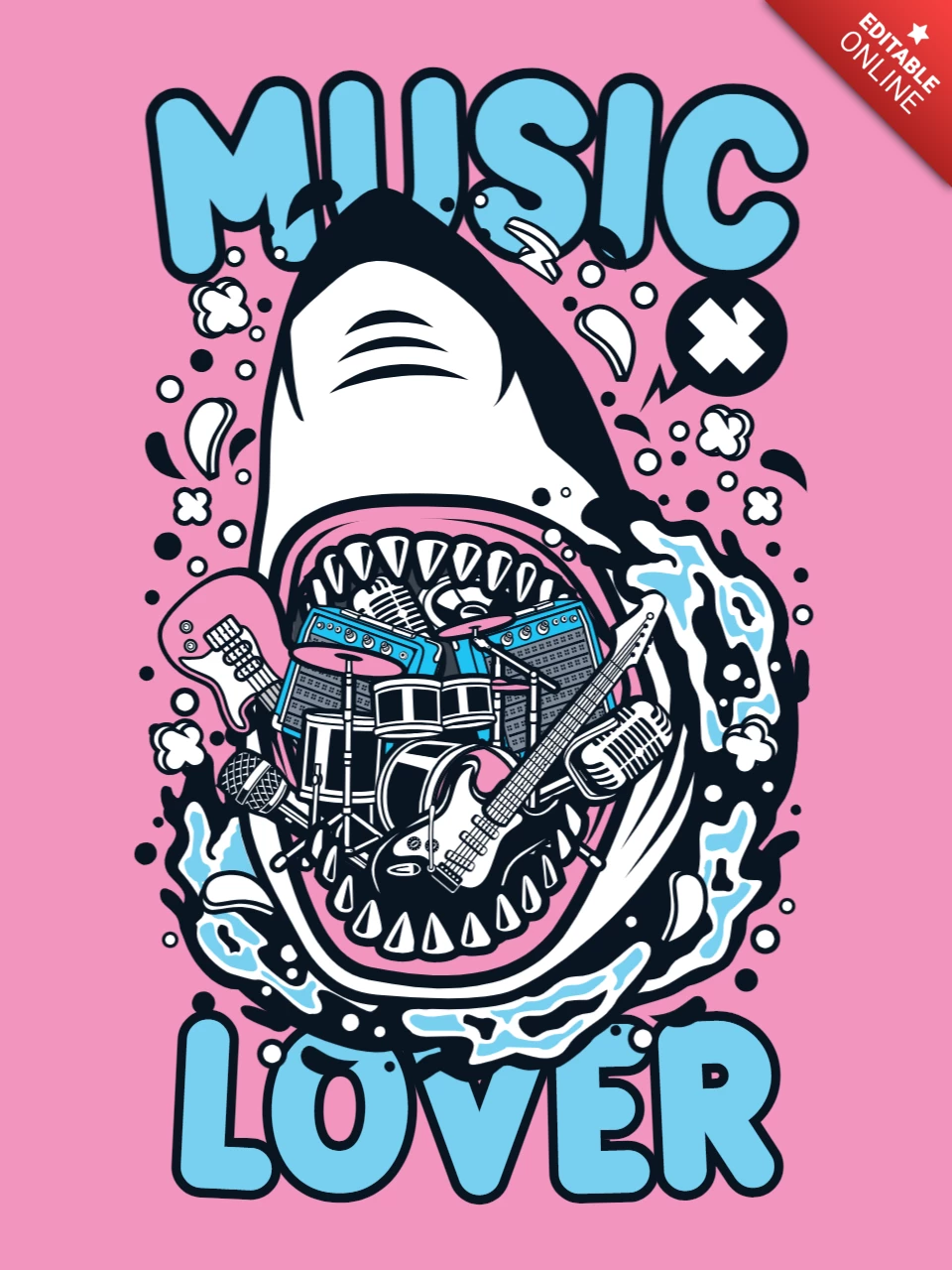 Plantilla de diseño de camiseta de dibujos animados de tiburón amante de la música