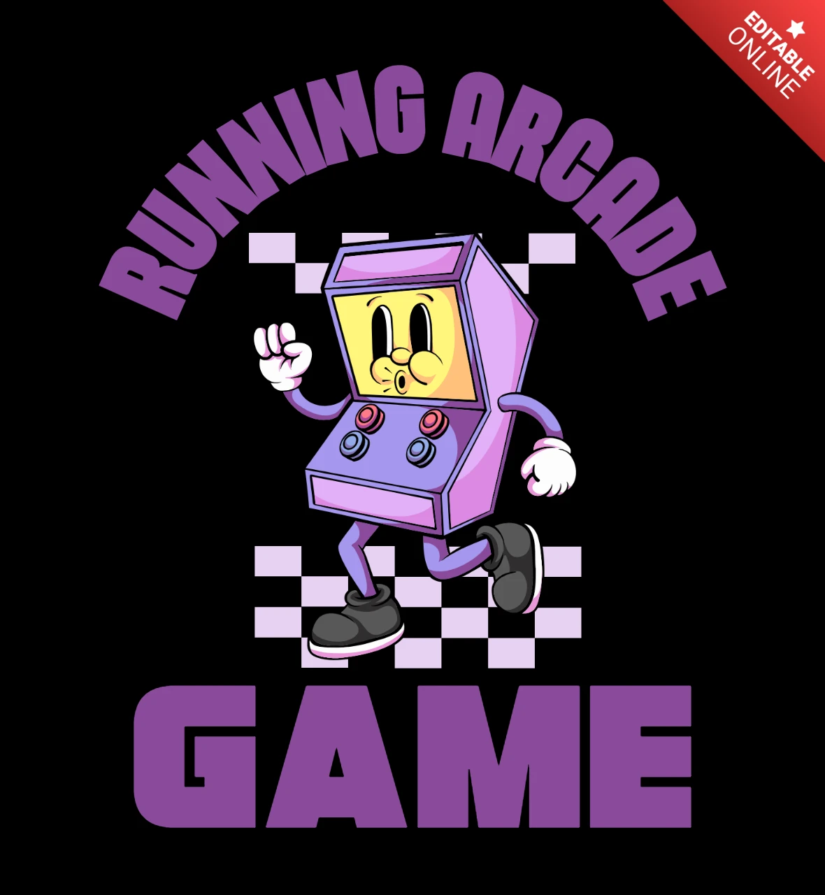 Plantilla de diseño de camiseta con un personaje animado en movimiento inspirado en juegos de arcade retro.