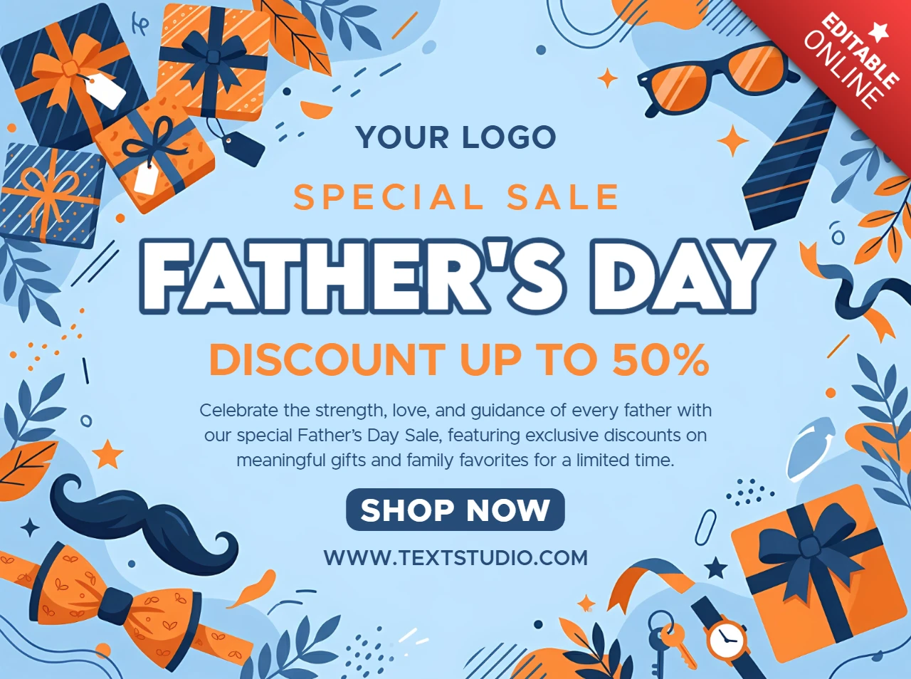Vatertagsverkaufs-Promotionsbanner mit Geschenken und Herrenaccessoires