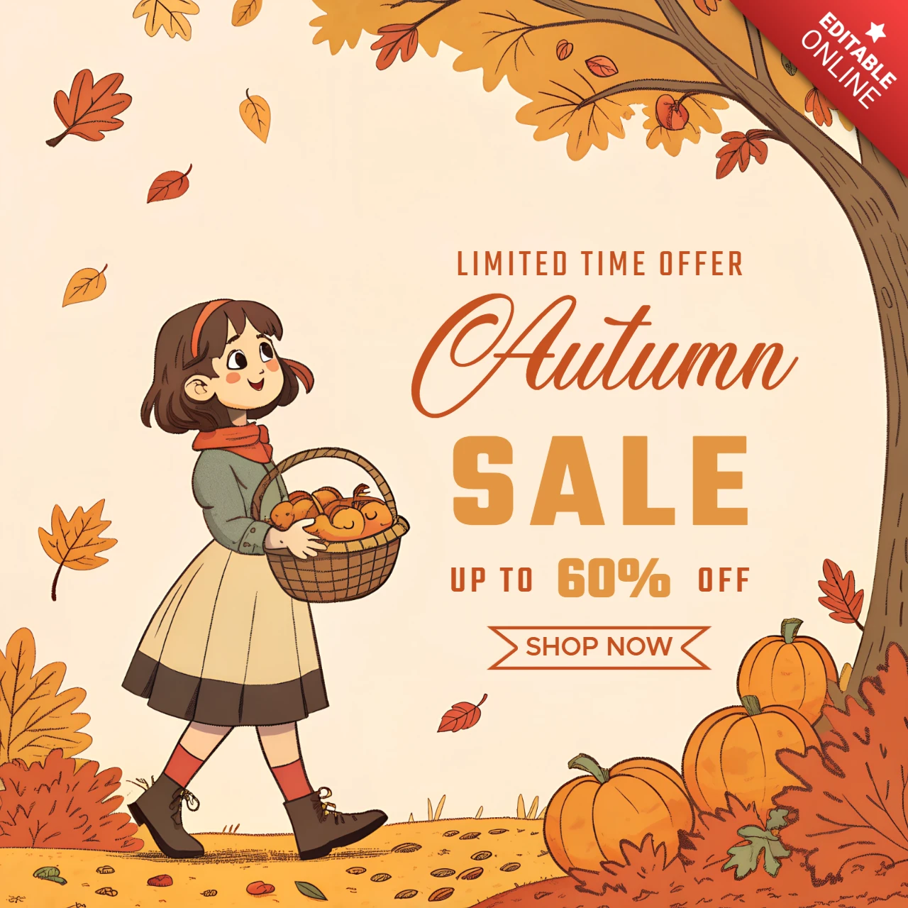 Modèle de conception de vente d'automne avec une fille mignonne et des éléments saisonniers pour des flyers promotionnels