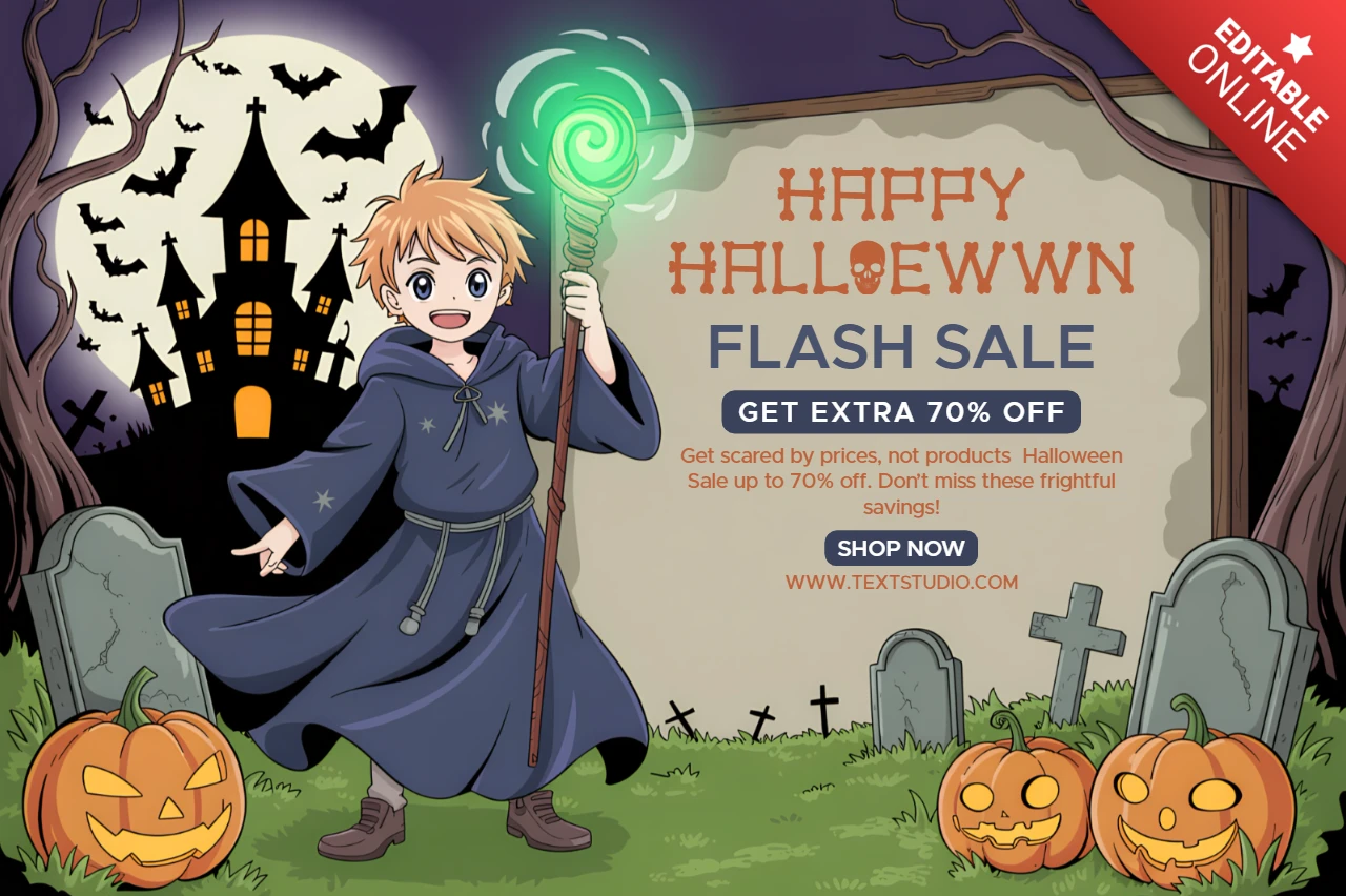 Whimsical Anime Halloween Design Template for Flash Sale Promotions Featuring a Wizard and Pumpkins
