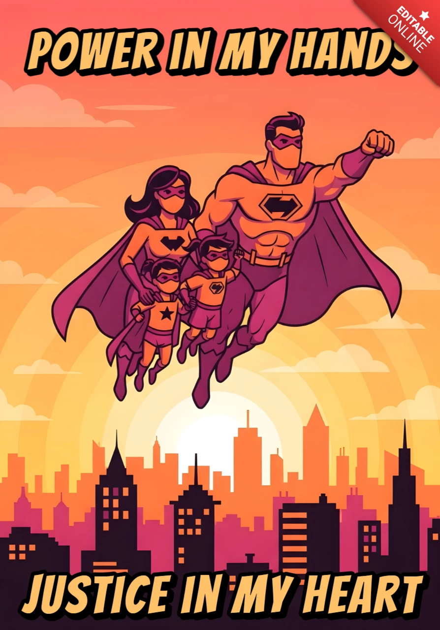 Pôster de design com a família de super-heróis voando ao pôr do sol com citação sobre justiça e poder.