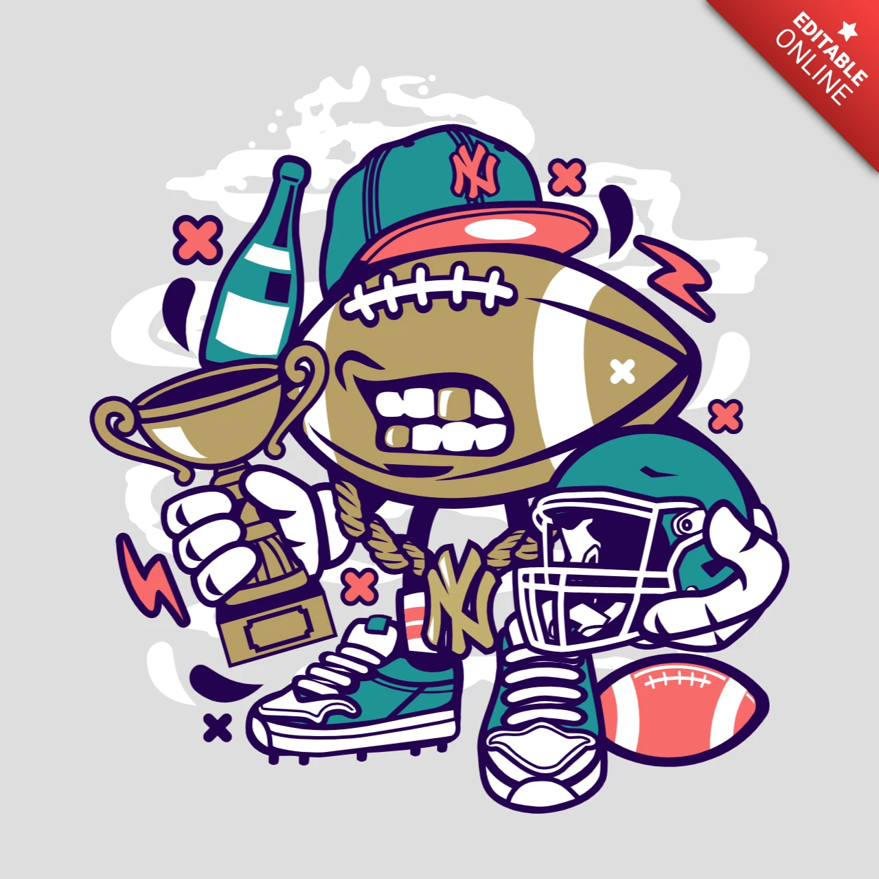 Football Champion Cartoon Character T-Shirt Design Template