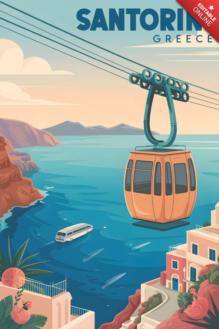 Teleférico sobre el mar Egeo con vista al atardecer y acantilados, plantilla de diseño de carteles de viaje a Santorini.