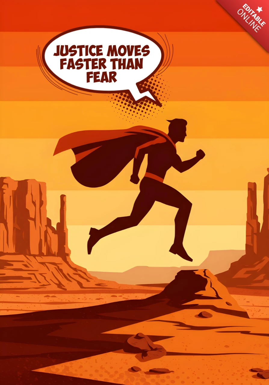 Justice Moves Faster Superhero Running Through Desert at Sunset Poster Design Template