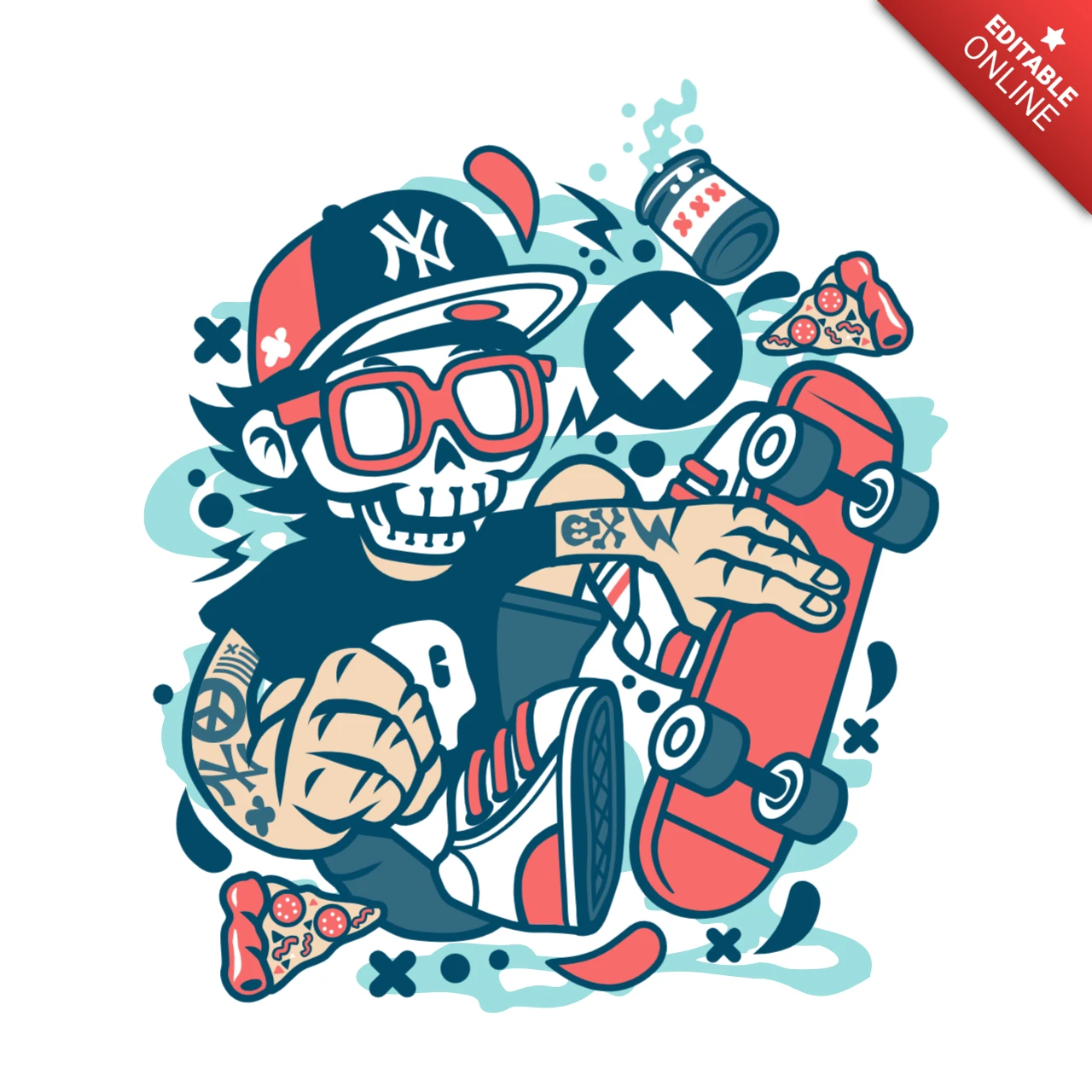 Skateboard Skull Cartoon Character T-Shirt Design Template