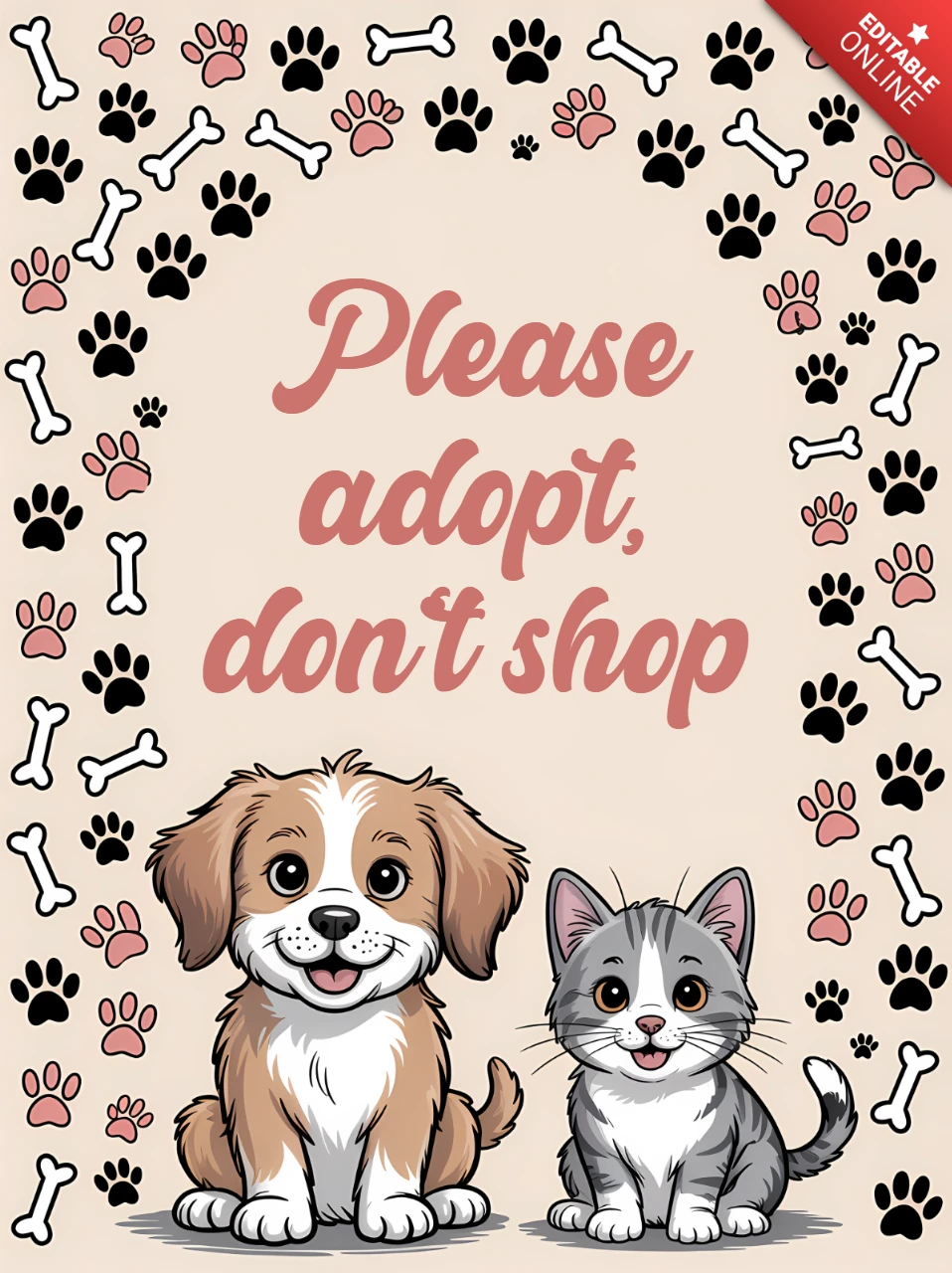 Adote, não compre, modelo de design com animais fofos para cartazes de resgate de animais.
