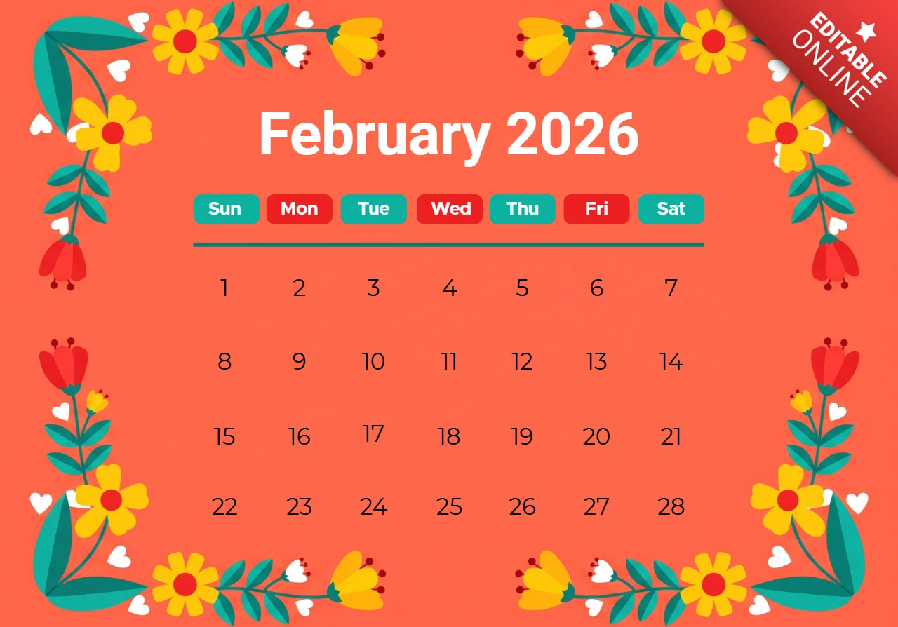 February 2026 Calendar Sunburst Bloom Glow Theme with Festive Details and Seasonal Elegance