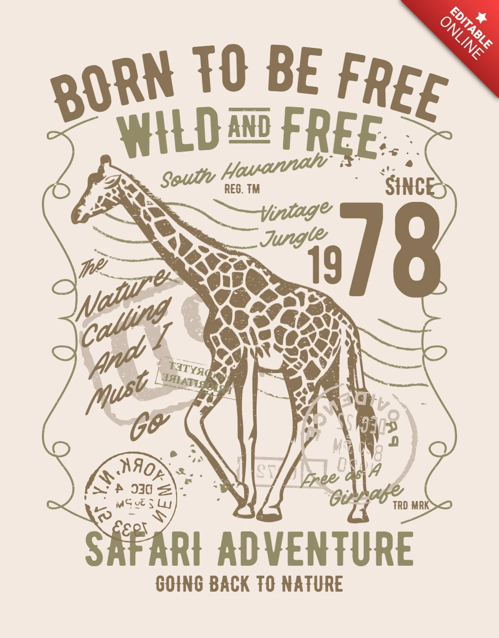 ワイルドで自由なサファリアドベンチャーTシャツデザインテンプレート