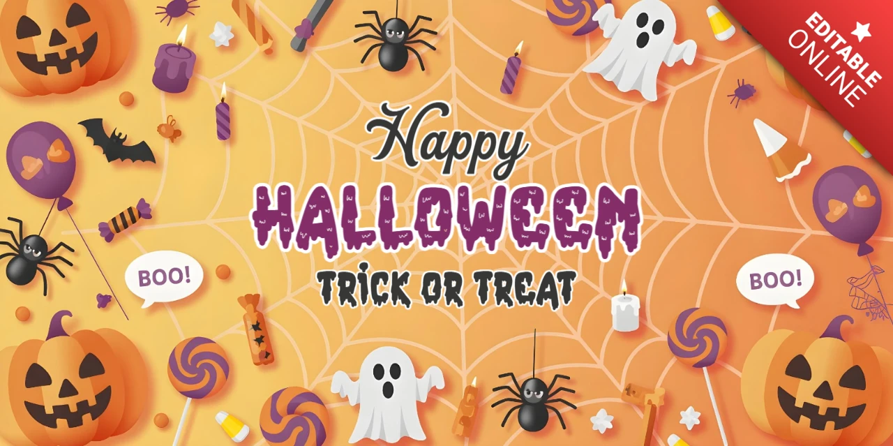 Korkutucu cadılar bayramı jack-o'-lanterns, yarasalar ve şenlikli şeker mi şeker yoksa şaka mı mesajı facebook kapak tasarım şablonu