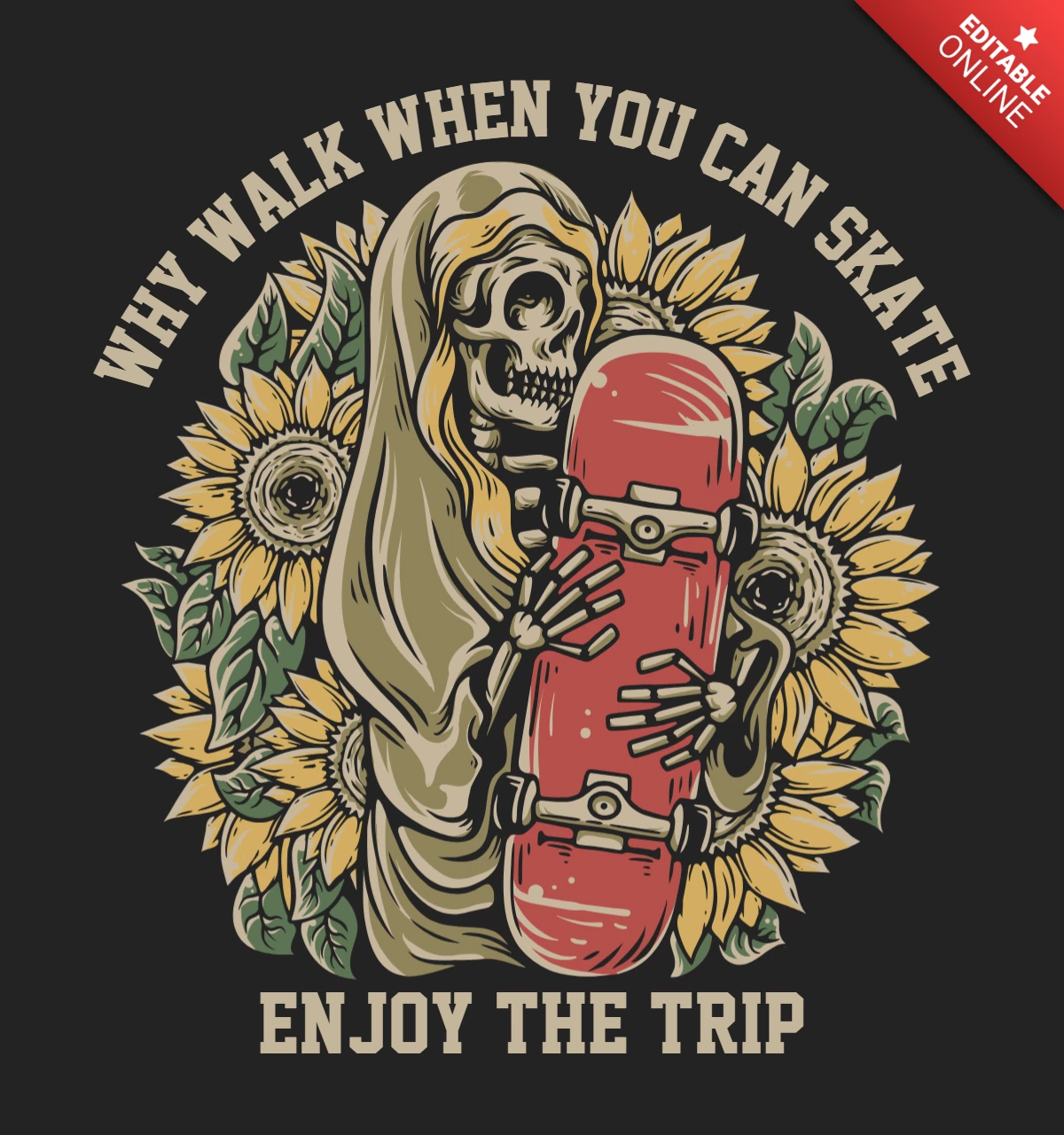 Modelo de design de camiseta vintage de esqueleto abraçando skate