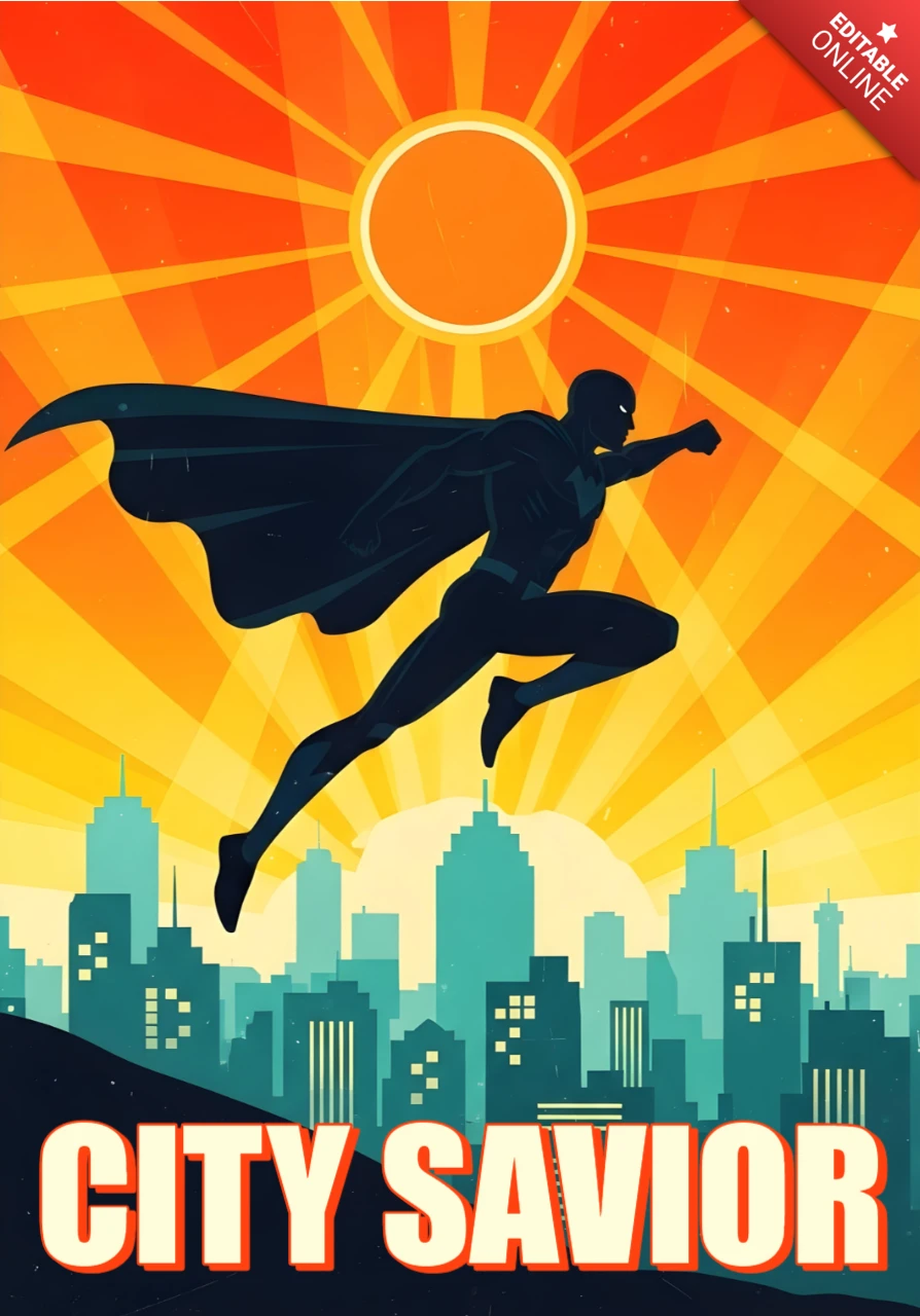 City Savior Flying Superhero Over Skyline with Radiant Sunburst Poster Design Template