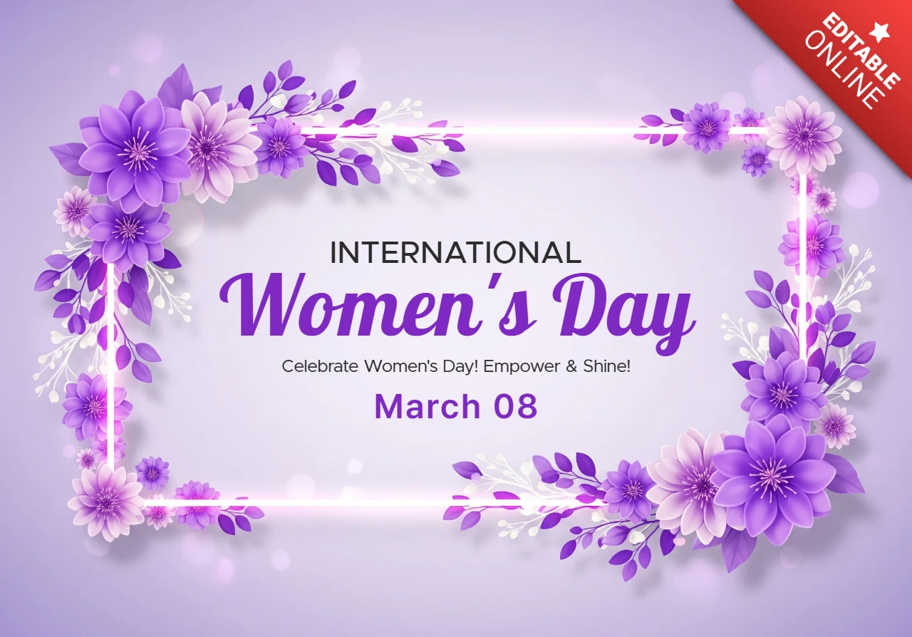 Modelo de cartaz do Dia Internacional da Mulher feliz com decorações florais, efeitos de luz e fundo roxo festivo.