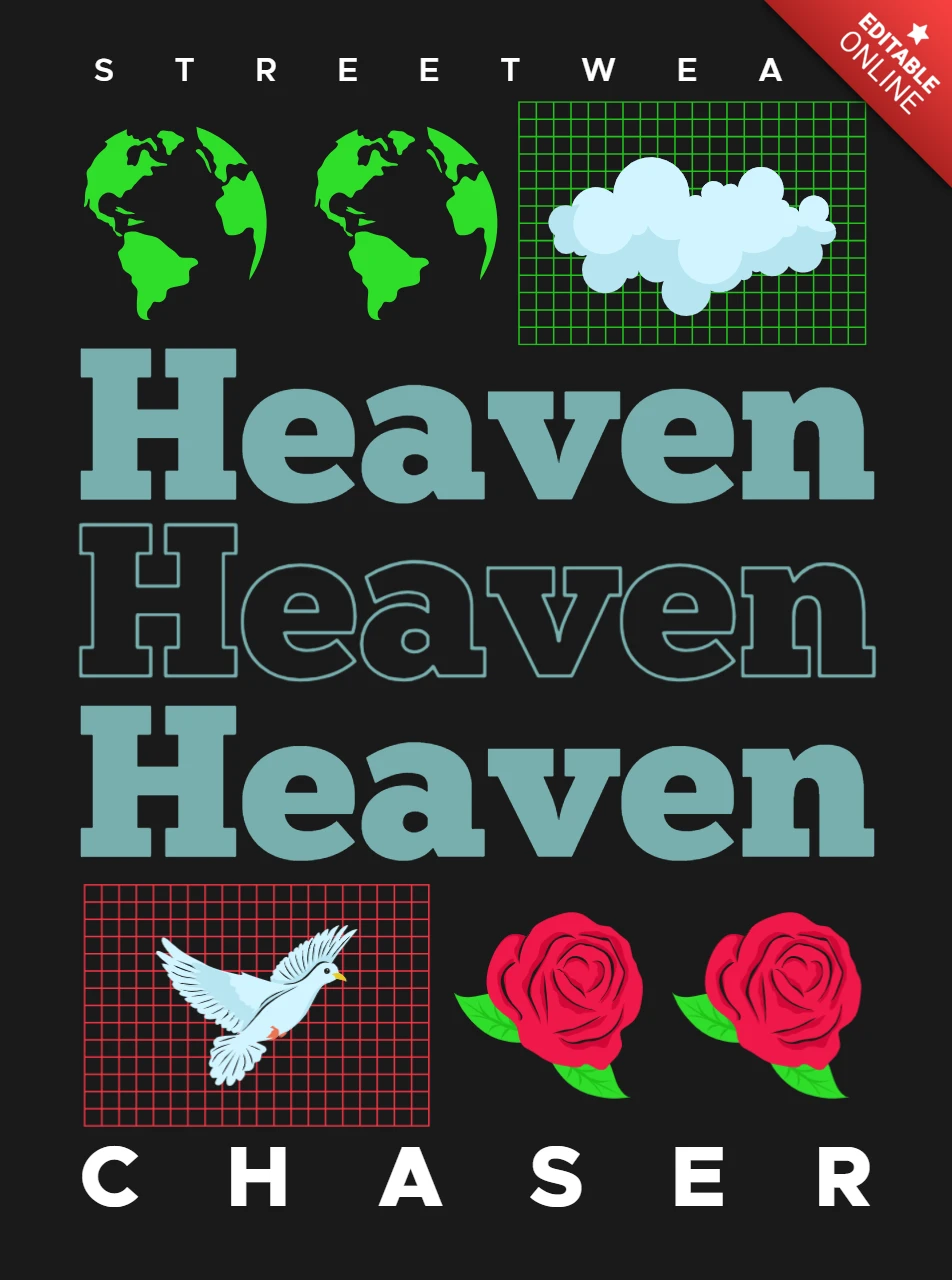 Plantilla de diseño de streetwear con nubes de tierra, pájaros y rosas para ropa.