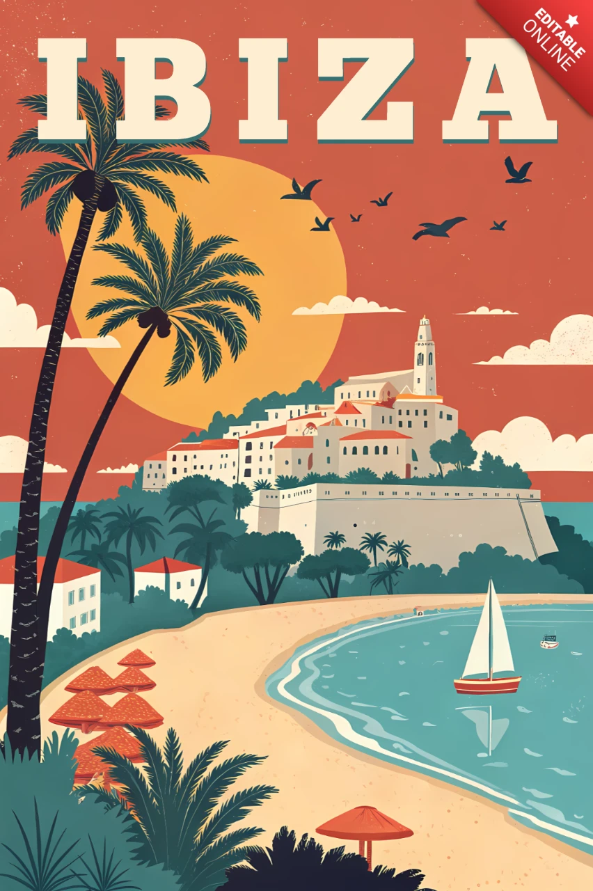 Retro Ibiza Stranddesign-Vorlage für Reiseposter
