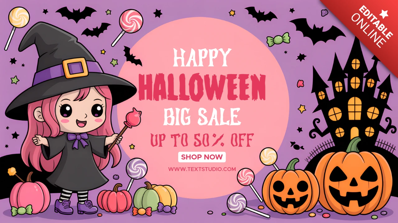 ハロウィンセールデザインテンプレート、プロモーションフライヤー用のチビウィッチとカボチャ付き