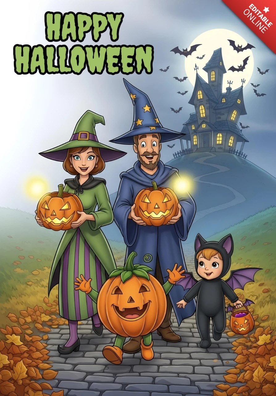 Gruseliger Halloween-Horror-Hügelweg mit kostümierten Familien und fliegenden Fledermäusen Designvorlage für festliche Flyer