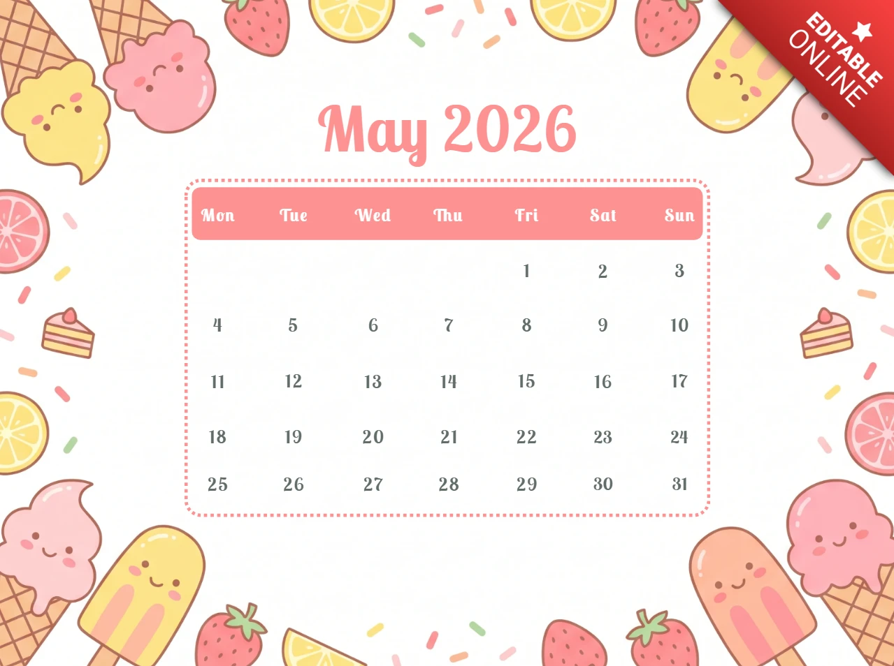 Mayıs 2026 duvar takvimi posteri - çilekler ve limon dilimleriyle neşeli tatlı teması