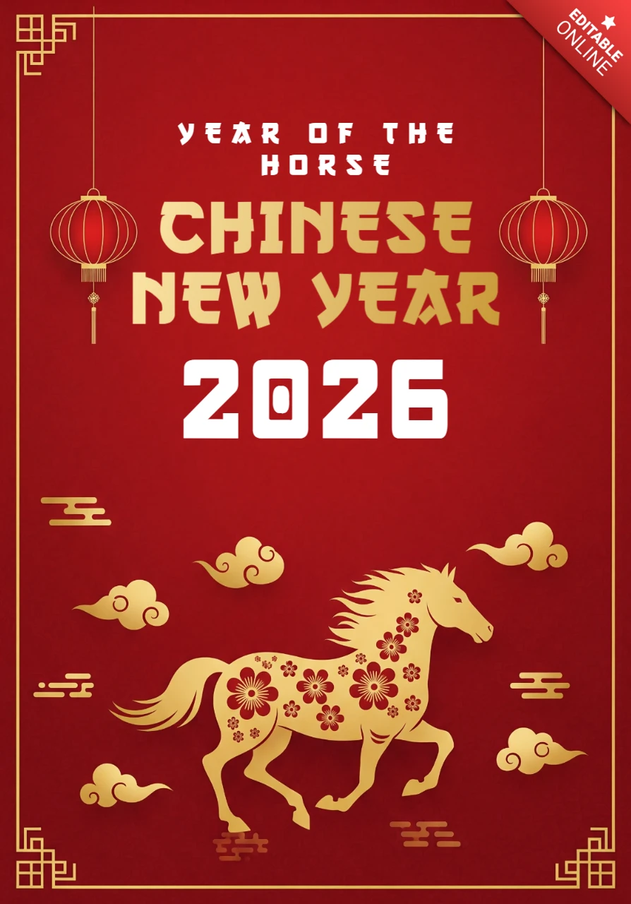 Chinees nieuwjaar 2026 poster jaar van het paard feestelijke rode achtergrond met lantaarns, bloemaccenten en feesttypografie