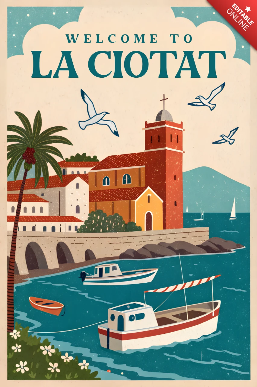Plantilla de diseño de cartel de viaje vintage para escena costera de La Ciotat