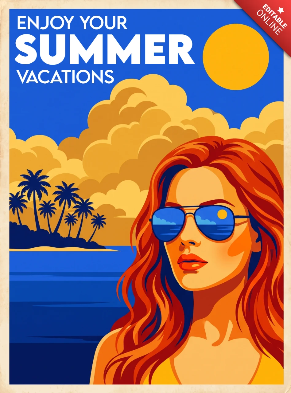 Stylized Summer Vacation Poster with Palm Tree Silhouette, Sunset Horizon, Reflective Sunglasses and Tropical Orange Yellow Sky