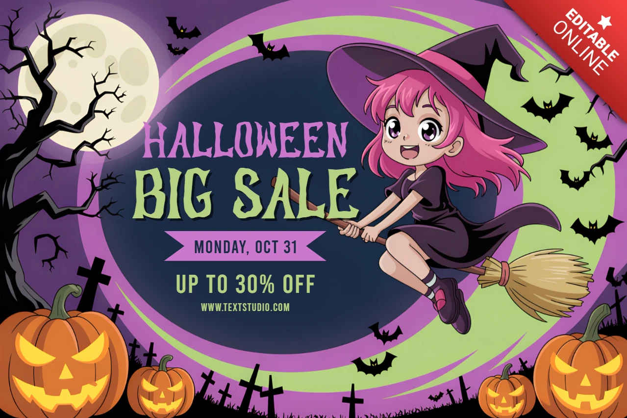 Halloween-Verkaufsflyer-Vorlage mit süßem Hexen-Design und Kürbissen