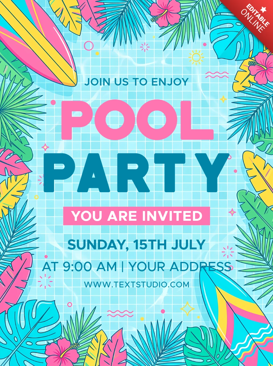 Modelo de convite para festa na piscina tropical com pranchas de surf, folhas de palmeira e decorações de praia de verão
