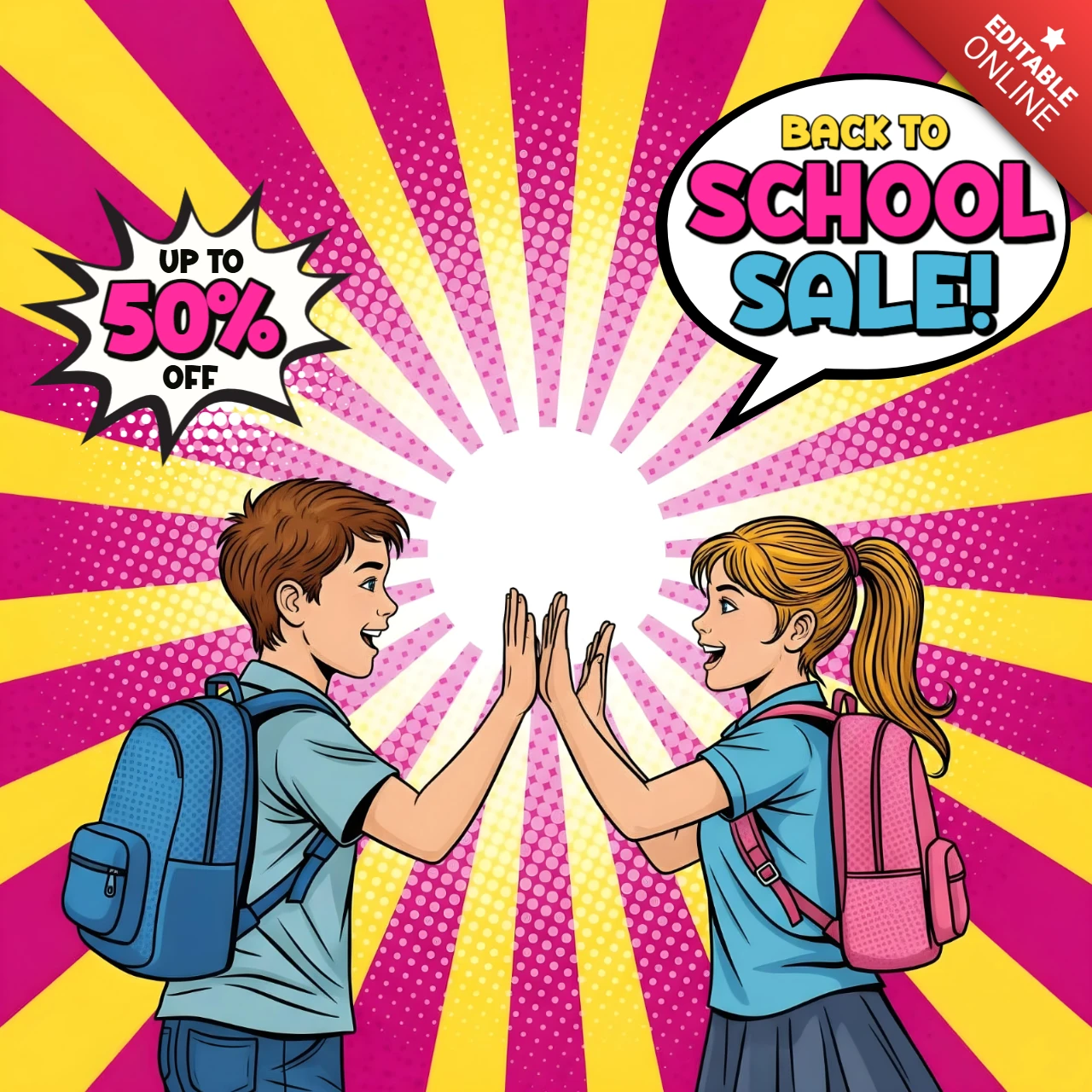 Comic Style Back to School Vibrant Burst Background with Happy Students Banner Design Template for Promotional Flyers