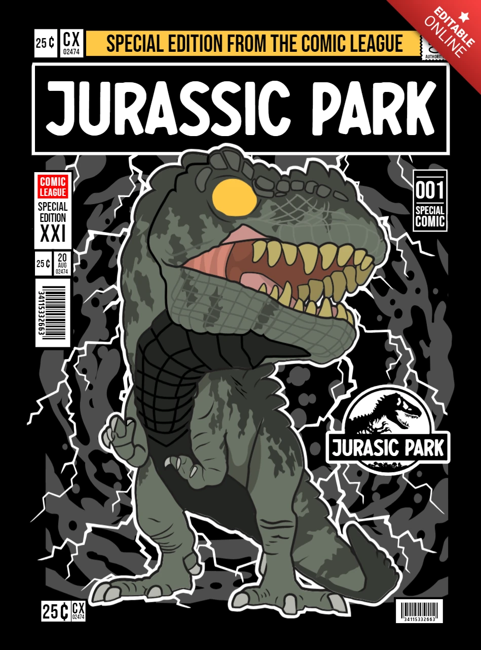 Jurassic Park Cartoon Character Magazine Cover Design Template
