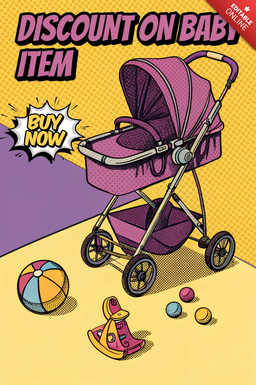 Modèle de réduction de poussette bébé pop art pour flyers promotionnels