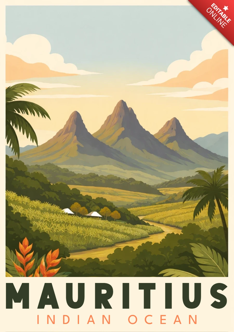 Mauritius'un trois mamelles dağlarını içeren seyahat posterleri için vintage manzara şablonu.