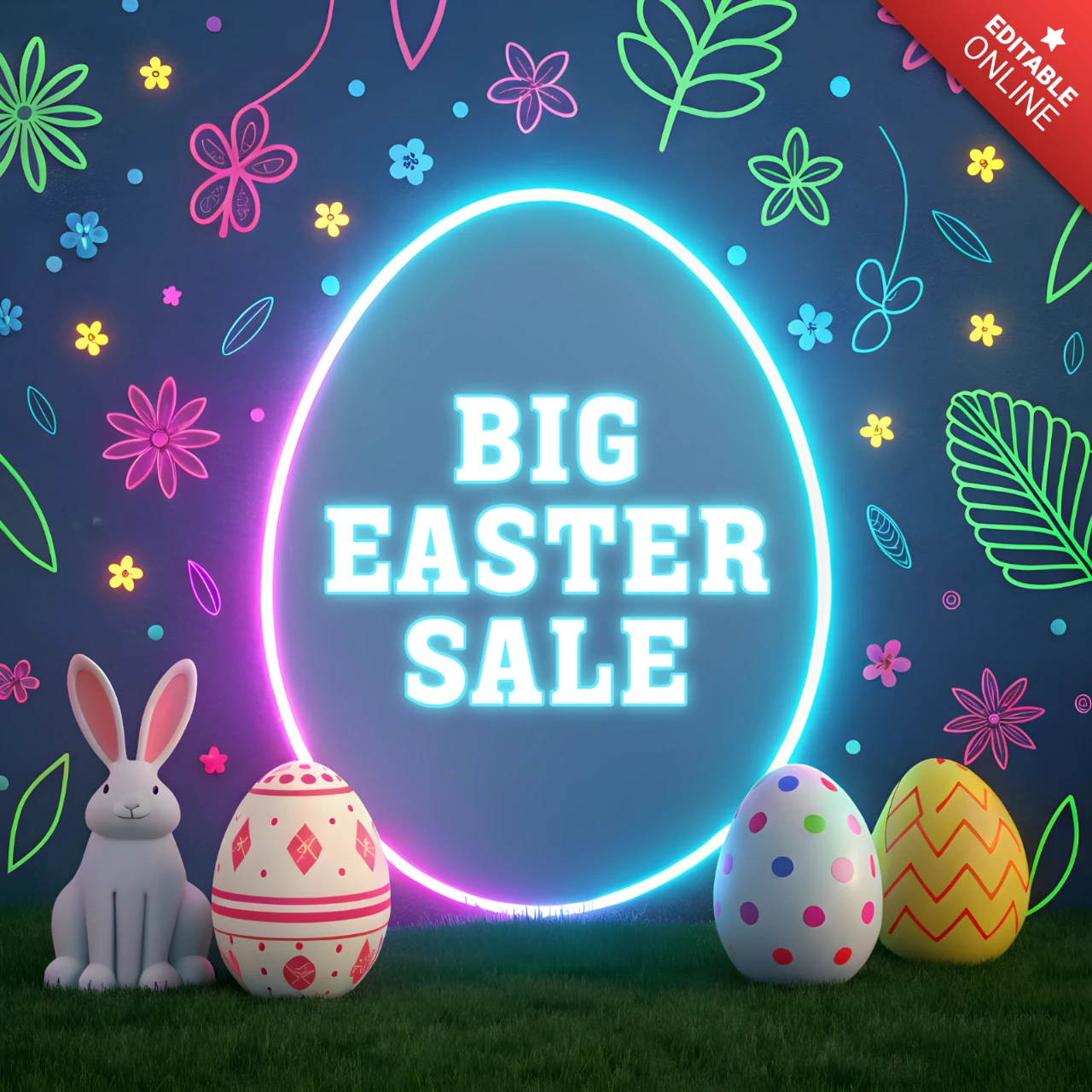 Neon Easter Sale Design Template with Colorful Eggs and Bunny