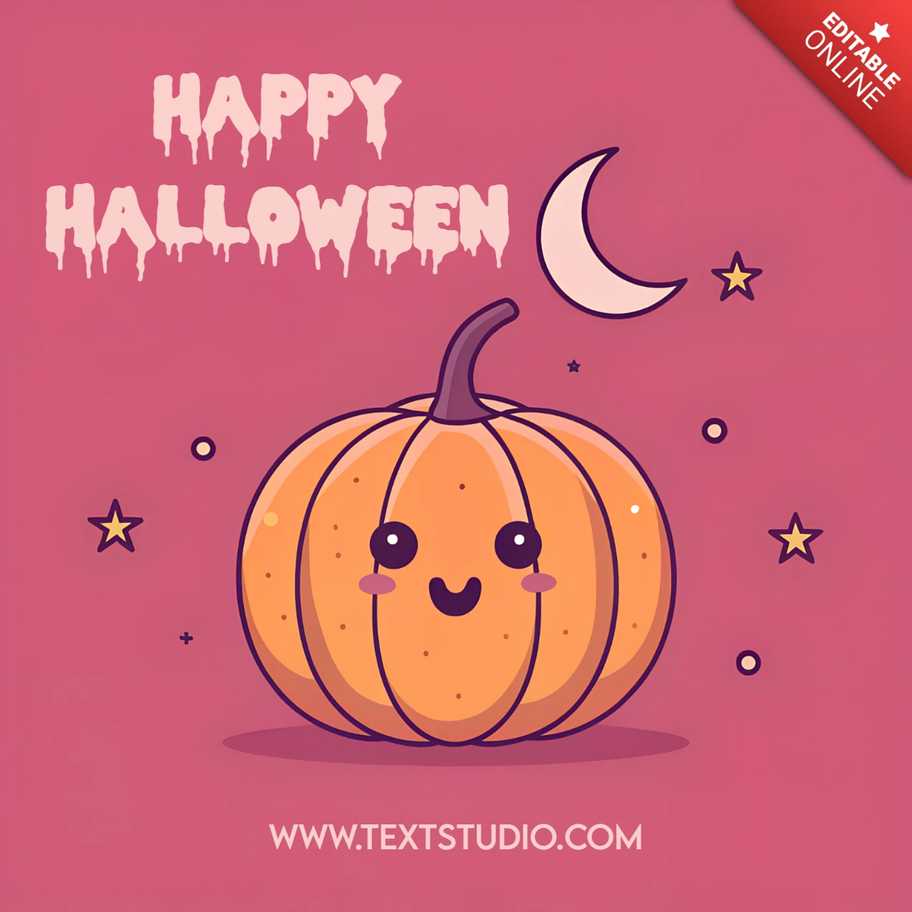 Cartões de saudação de feliz Halloween com design de abóbora kawaii em rosa.