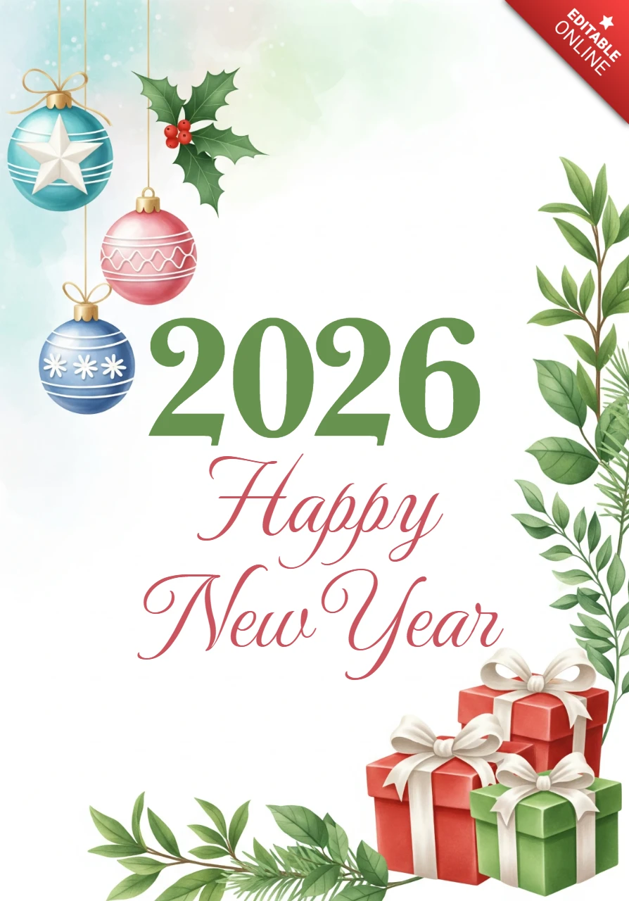 Carte de vœux aquarelle bonne année 2026 avec des ornements suspendus, des feuilles de houx et des cadeaux emballés sur un fond pastel.