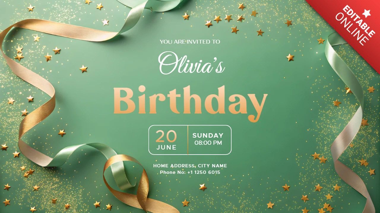 Modèle d'invitation d'anniversaire élégant avec un design de rubans et d'étoiles