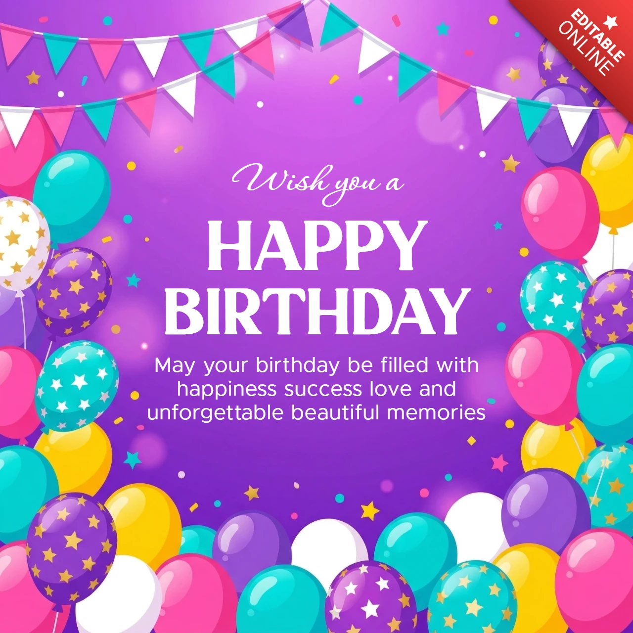 Happy Birthday Poster Purple Background with Balloons, Pennant Banners, Confetti, and Cheerful Birthday Wishes