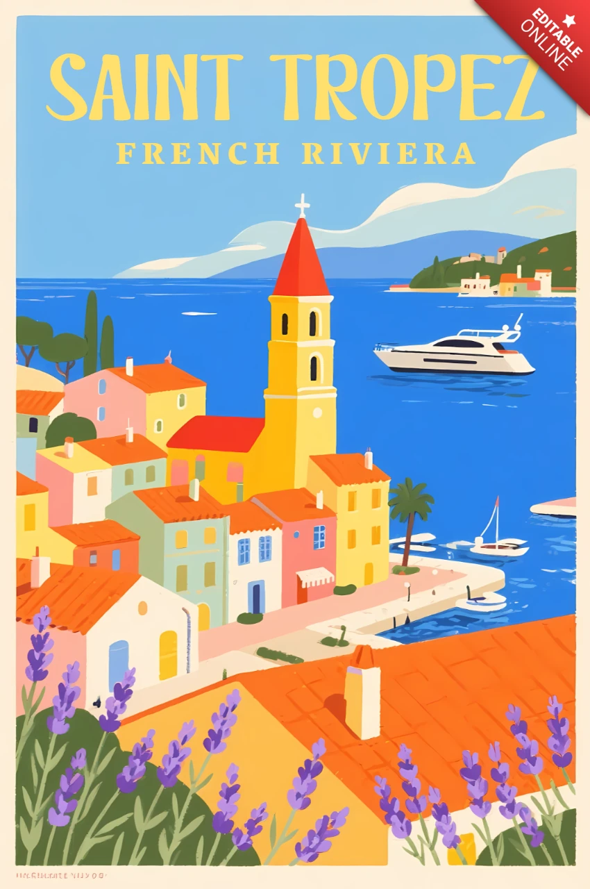 Saint-Tropez Vintage-Reiseplakat-Designvorlage mit Küstendorf und Yacht
