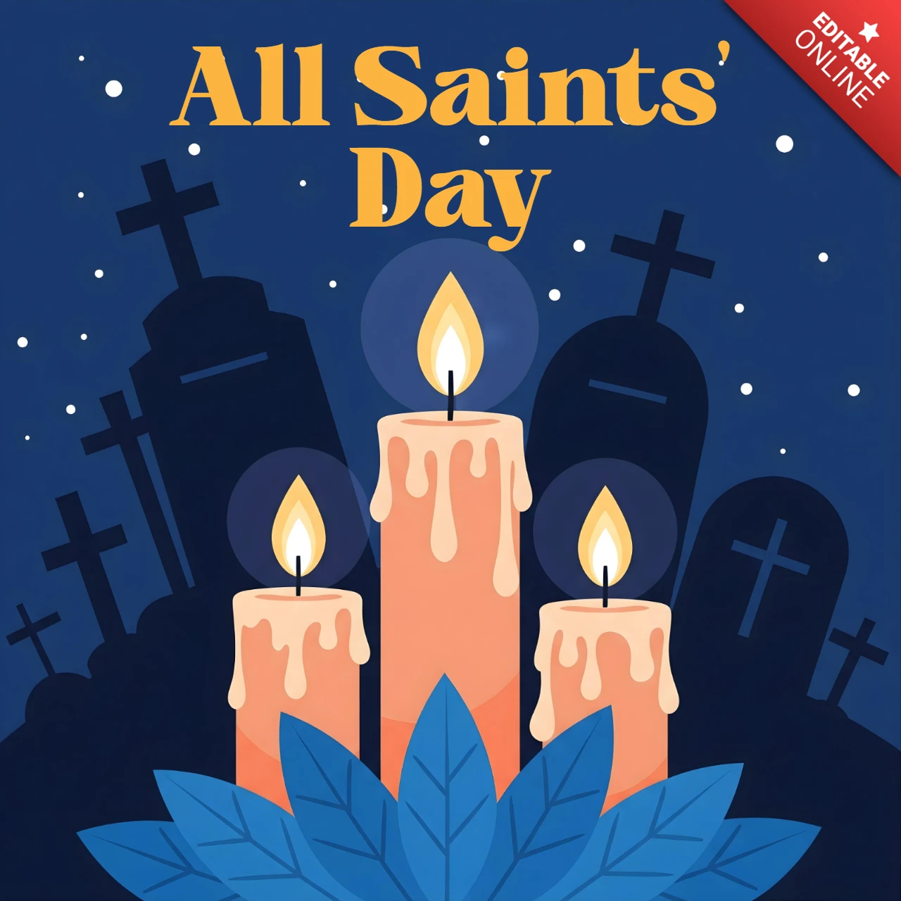 Candele che si sciolgono con foglie blu e lapidi sotto un cielo stellato, template per il design di biglietti di auguri per la festa di tutti i santi.