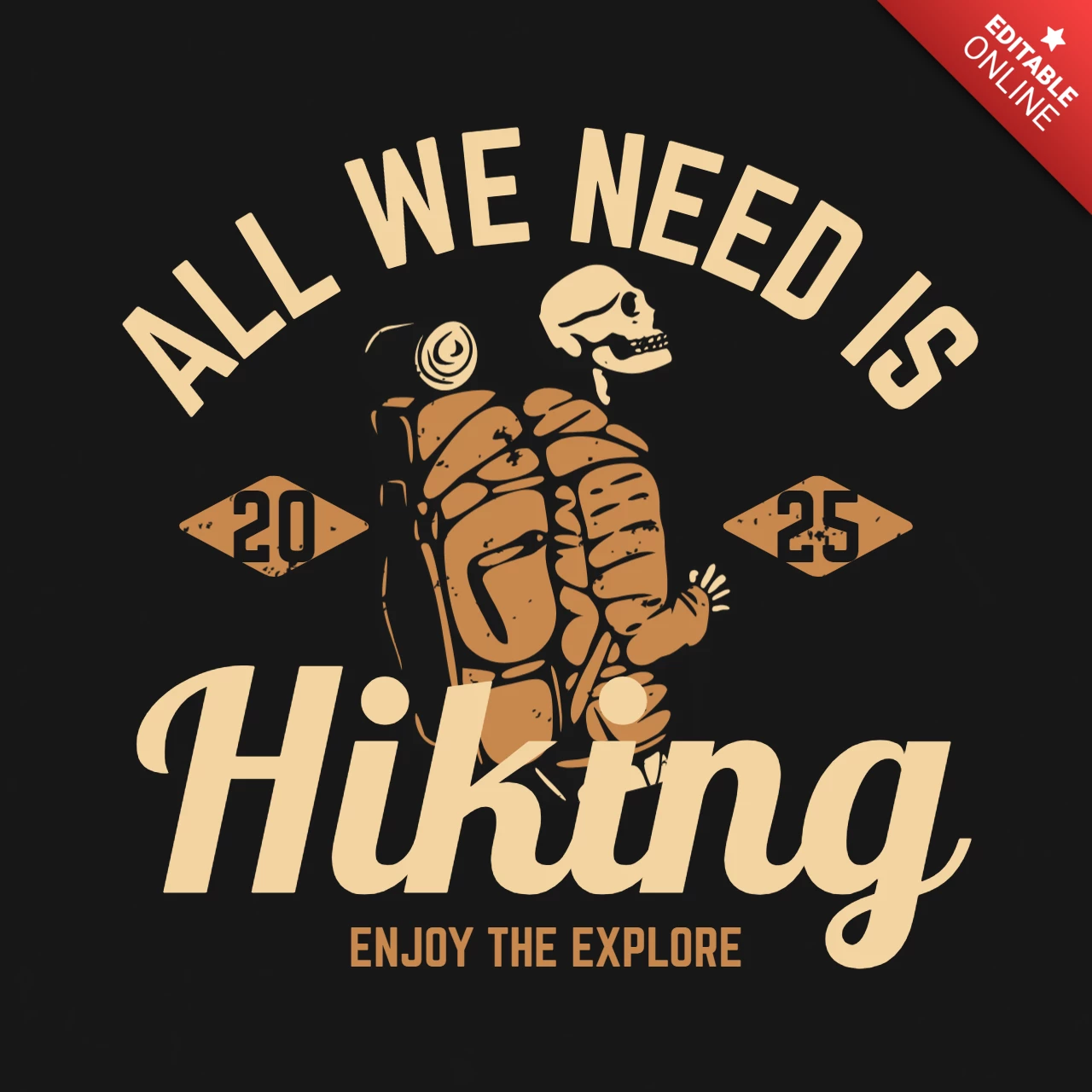 Hiking Skeleton Vintage T-shirt Design Template