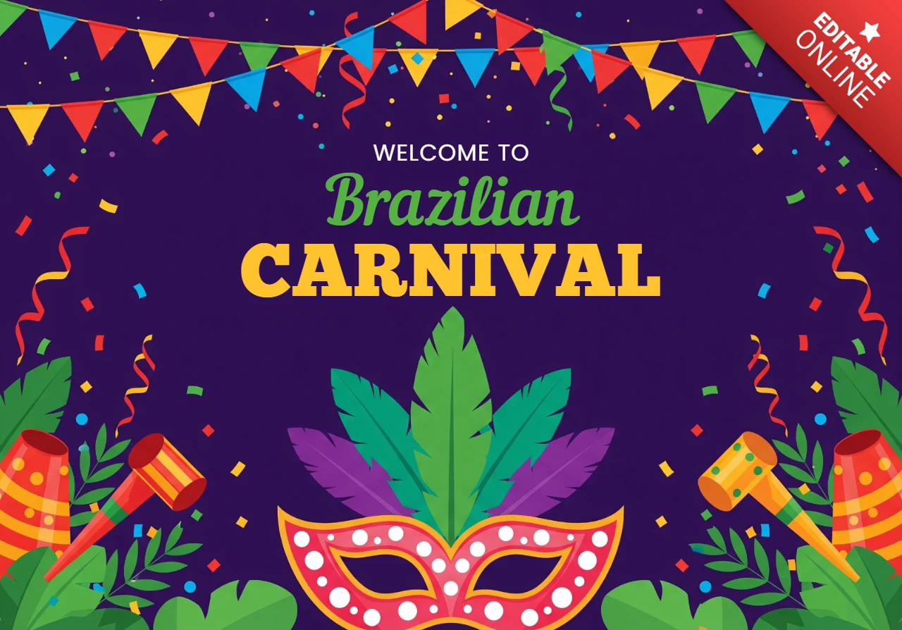 Brazilian Carnival Poster Purple Background with Mask, Maracas, Drums, and Festive Decorations